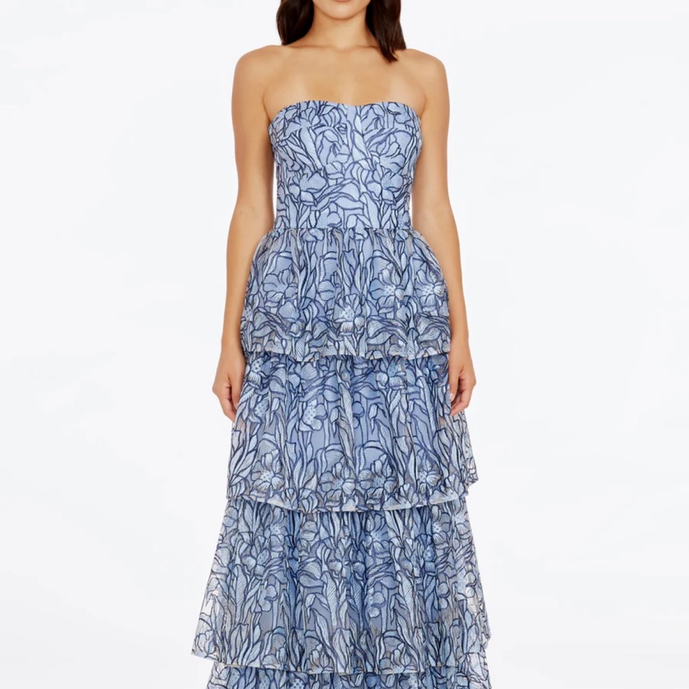 Blue Strapless Tiered Ruffled Dress for Weddings